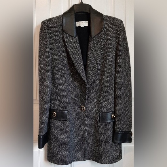 St. John Collection Black and Gray Marbled Wool Blend Knit & Leather Trim Blazer - Picture 1 of 10